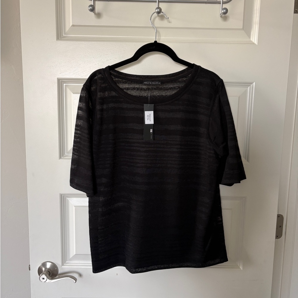Nally & Millie Black Short-Sleeve Sheer Stripe Top small/medium